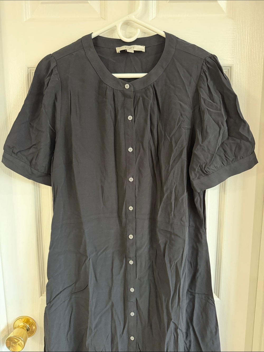 NWOT LOFT Black Button-Front Midi Dress with Short Puff Sleeves - Picture 6 of 10